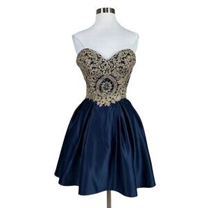 Betsy & Adam Beaded Strapless Fit and Flare Cocktail Dress Blue and Gold Size 10